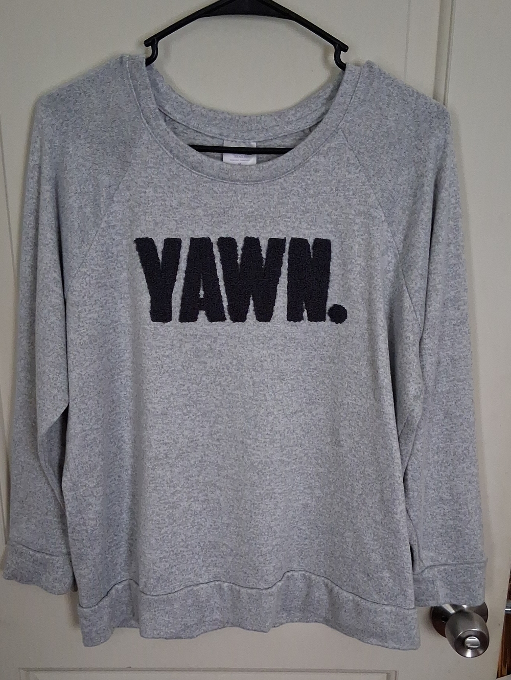 Secret Treasures Gray Crewneck Sweatshirt with Black Chenille 'YAWN.'
